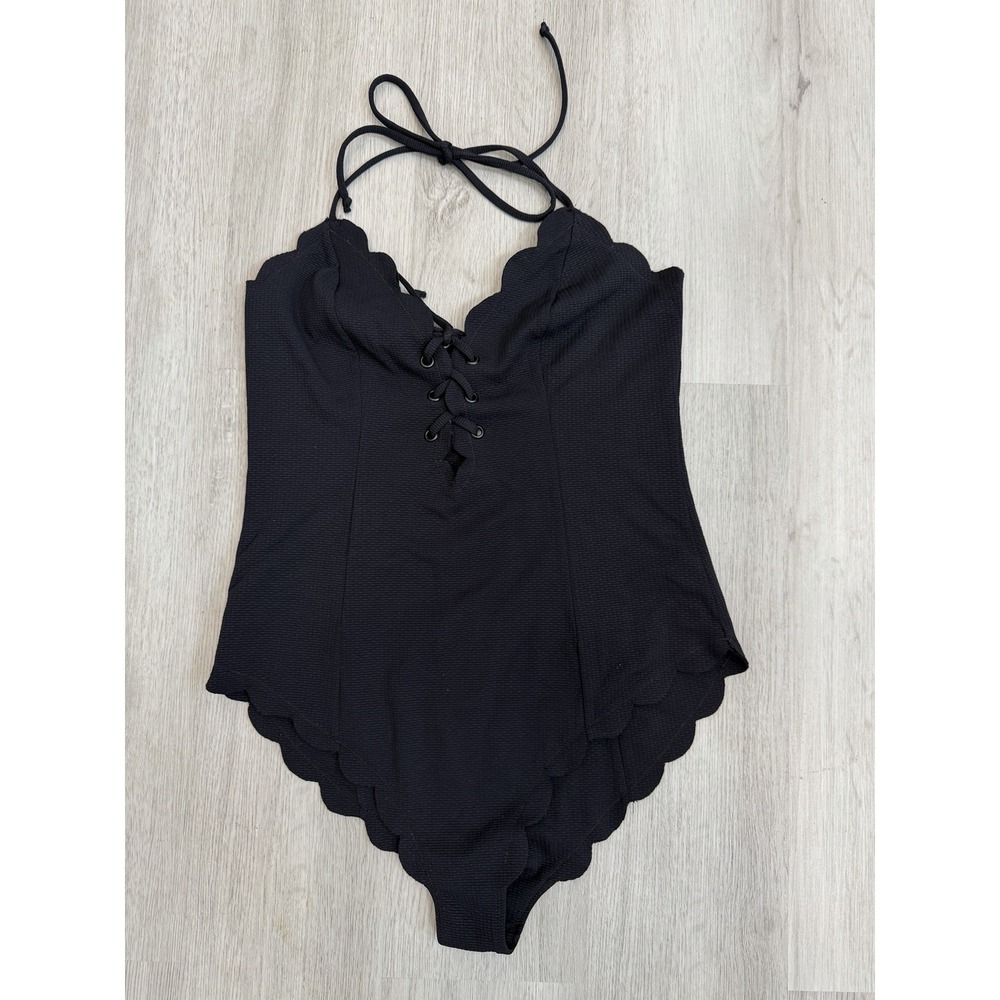 Marysia Black Scallop Halter Lace-Up One Piece Swimsuit Textured Size L